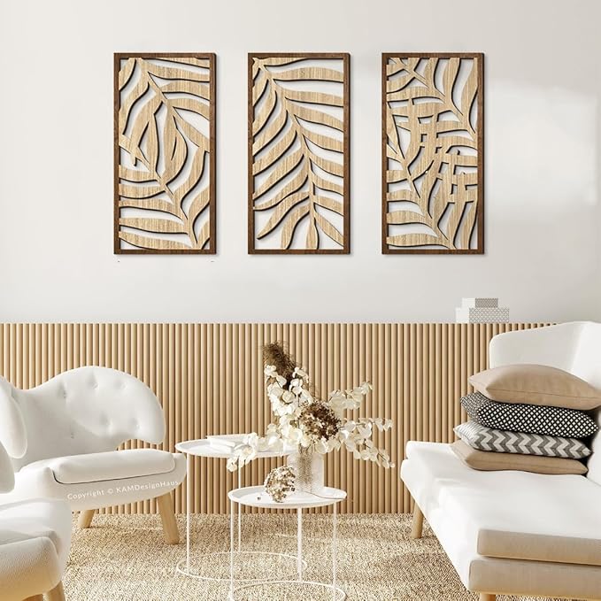 3 Pcs Tropical Leaf Wood Wall Art Decor, Wooden Minimalist Wall Hanging Decor, 3D Hollow Carved Craft Art Set, Boho Abstract Wall Sculptures Panels Decoration for Home Living Room Bedroom Kitchen (C)
