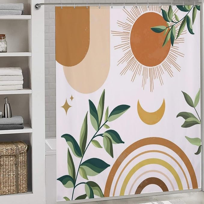 Boho Leaf Shower Curtains,Bohemian Modern Abstract Tropical Palm Leaves Plant Mid Century Summer Modern Bathroom Decor Set with Hooks,72x84Inch