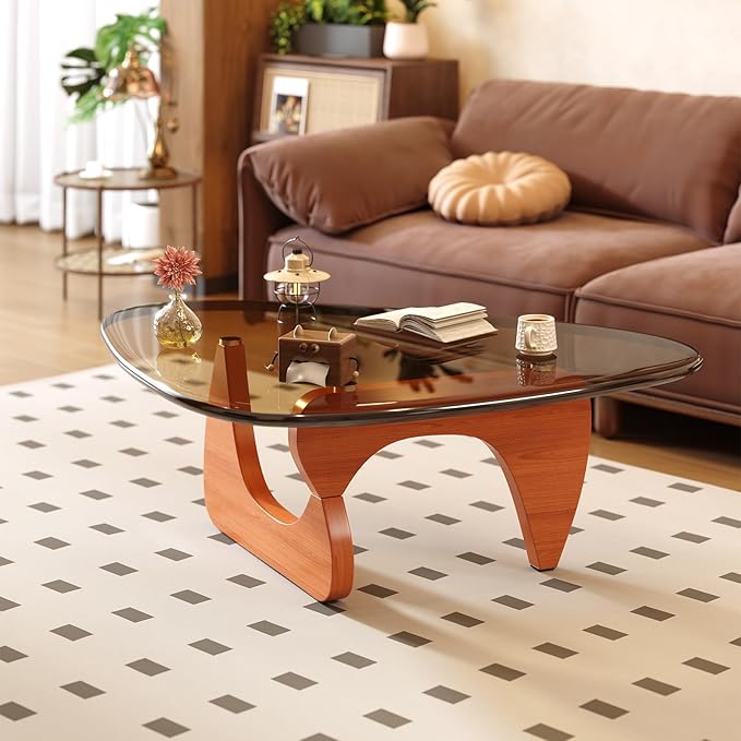 Coffee Table for Living Room Mid Century Modern Center Small Table with Glass Top and Wood, Walnut Brown