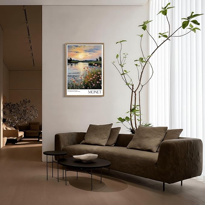 Framed Canvas Monet Gallery Style Wall Art Print Sunset Landscape Poster Impressionist Floral Picture Decor Living Room Bedroom Office Apartment Farmhouse 12X16 Inch Ready to Hang