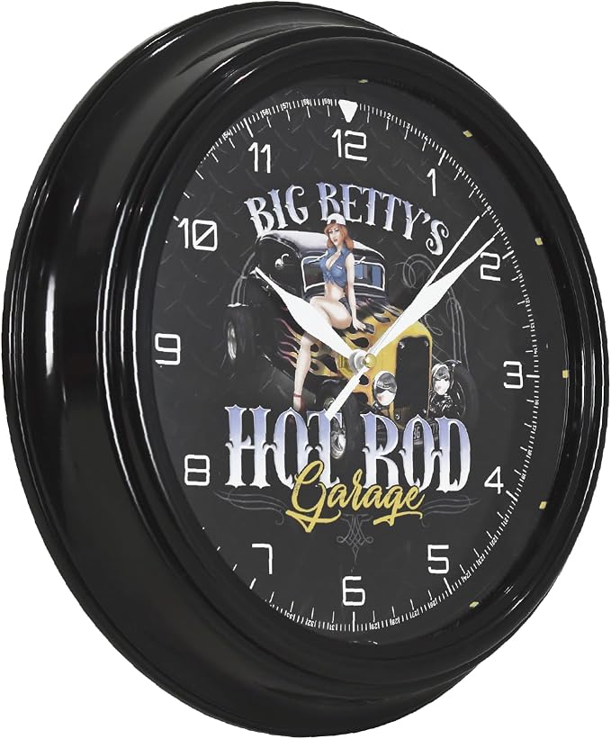 American Art Decor Big Betty's Hot Rod Garage Pinup Girl LED Clock - 12" Wall Mounted Diamond Plated Wall Decor - Wall Clock for Living Room, Dorm, Mancave, Garage, Office (Black/White/Yellow)