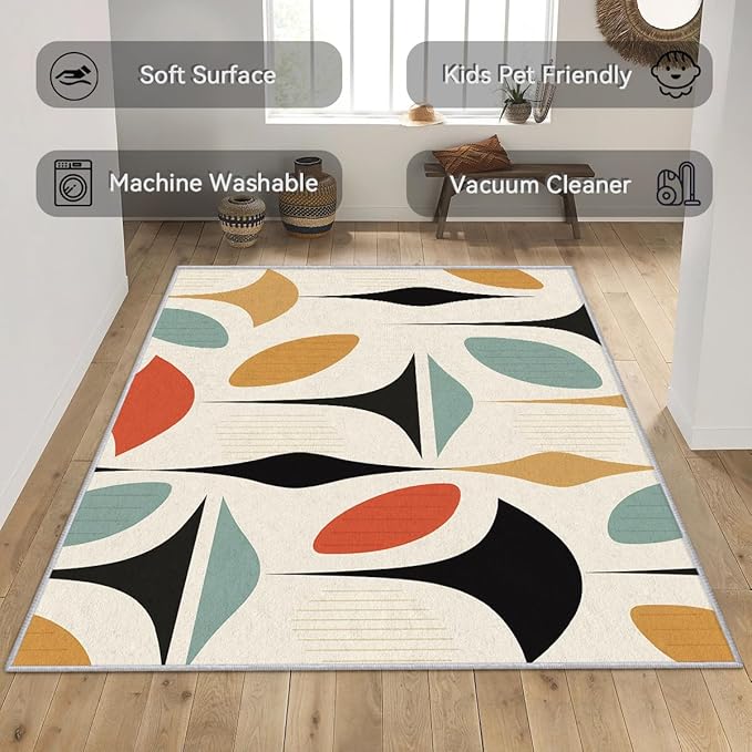 50s Rugs for Living Room 7x7, Mid Century Retro Geometric Abstract Modern Pattern Design Area Rug, 50s Bedroom Decor Carpet, Non Slip, Washable (RG651)