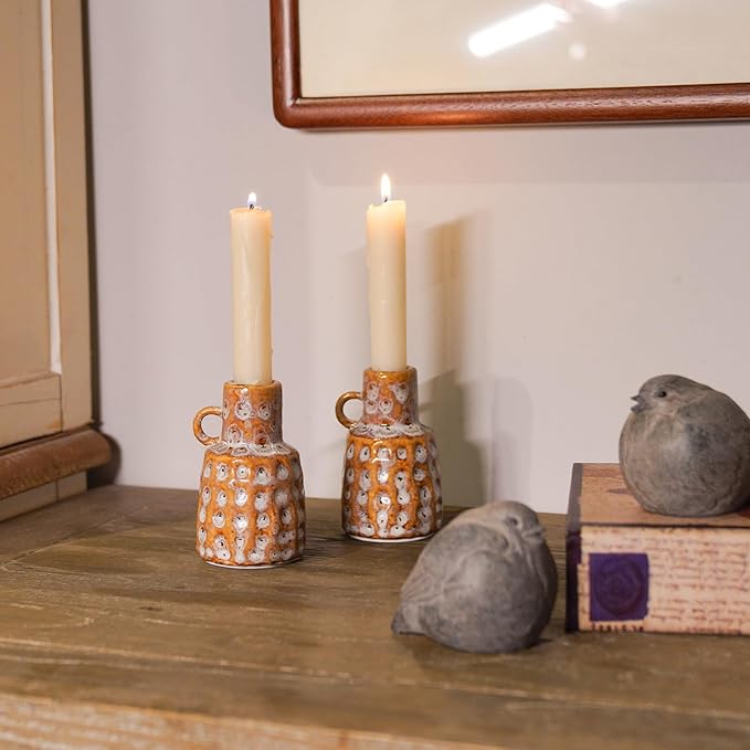Ceramic Taper Candle Holder Decoration - Set of 2 Candlesticks with Handle Boho Style Candle Burning Display Holder for Coffee Table Centrepiece Living Room Farmhouse Vintage Tabletop Decor Cynkeyee