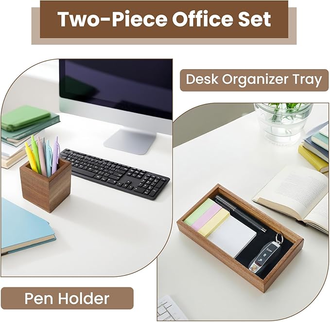 Wooden Pencil Holder with Desk Drawer Organizer Tray, Silicone Anti-Slip Pen Holder Set Aesthetic Desk Accessories for Office Home Supplies