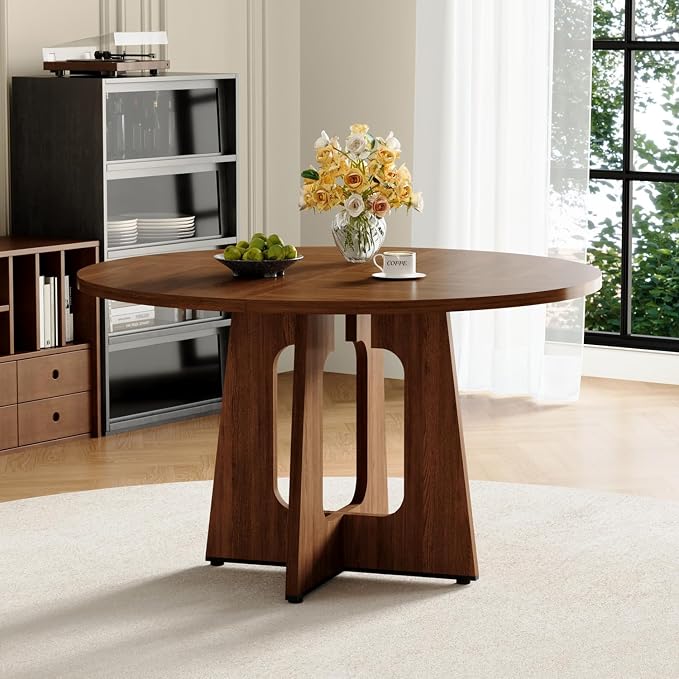 47" Round Dining Table for 4-6,Mid Century Modern Walnut Wood Grain Table,Rustic Kitchen Table with Cross Legs for Dining Room Kitchen