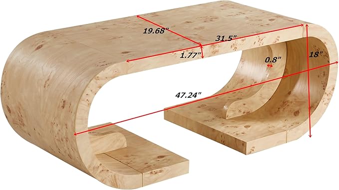 SSLine Mid-Century 47.24" Curved Coffee Table with Pedestal Base Burl Wood Veneer Natural Grain Top Center Table C-Shaped Center Tables for Living Room Bedroom