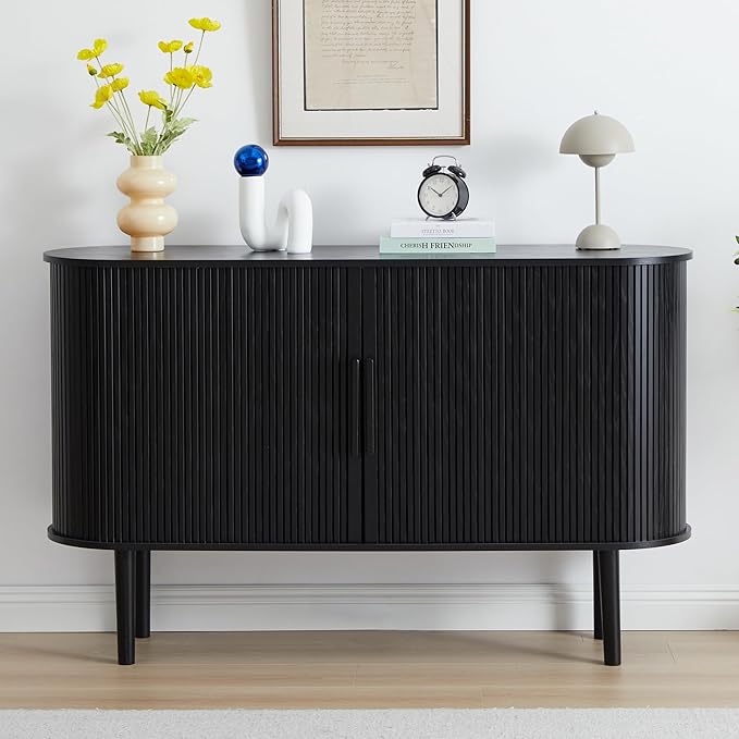 53''Sideboard Buffer Cabinet with Fluted Slide Doors, Modern Credenza Storage Cabinet, Tambour Bar Console Table for Living Dining Room Kitchen Hallway Entryway, Black