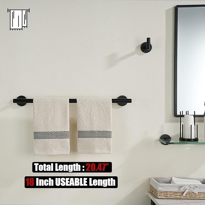 JQK Black Towel Bar, 20.5 Inch 304 Stainless Steel Thicken 0.8mm Towel Rack Bathroom, Towel Holder Matte Black Wall Mount, Useable Length 18 Inch, TB110L18-PB