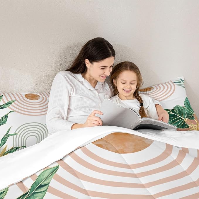 Erosebridal Pink and Green Boho Comforter Set King Aesthetic Mid Century Bedding Set for Kids Boys Girls Simple Line Botanical Leaf Art Comforter Modern Minimalist Tropical Quilt Duvet