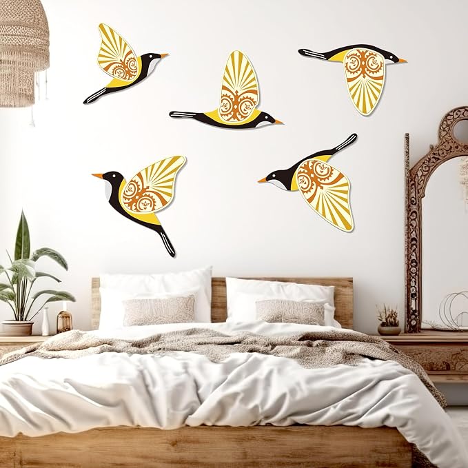 KOYILTD 5 Piece Bird Wood Wall Sculptures Wooden Wall Art Decor Scandinavian Home Decorations Flying Bird Wall Decor Farmhouse Wall Art for Home Living Room Bathroom Dining Room (Yellow)