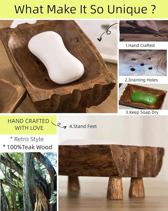 Large Rustic Teak Wood Soap Holder, Farmhouse Wooden Soap Dish,Decorative Bathroom Shower Soap Holder, Handmade Kitchen Countertop Soap Stand with Draining Holes