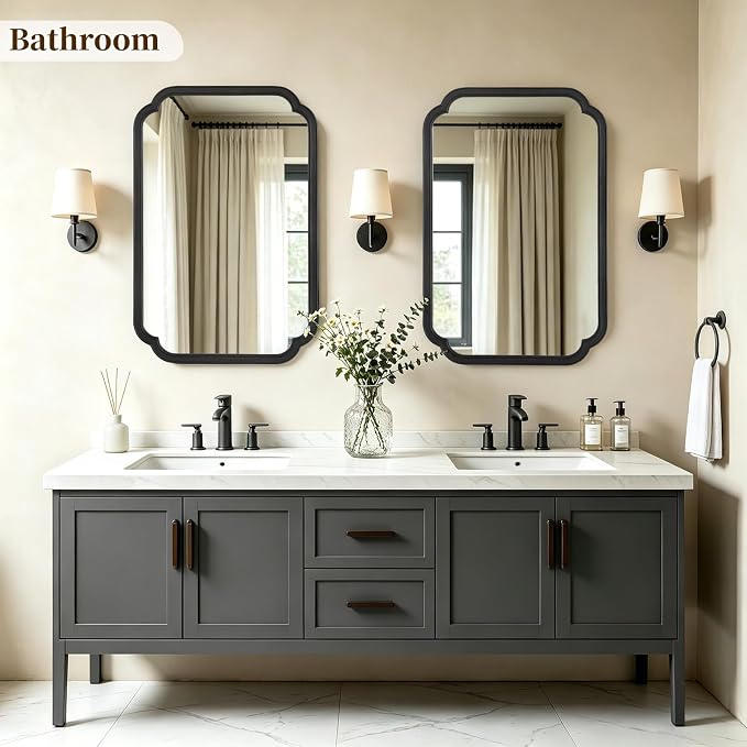 HOMECOOKIN Wood Bathroom Mirror for Wall Decor Arched Rounded Corner Rustic Wood Frame Wall Mirror Home Decorative for Vanity, Living Room, Bedroom, Entryway (24 x 36 inch, Black)