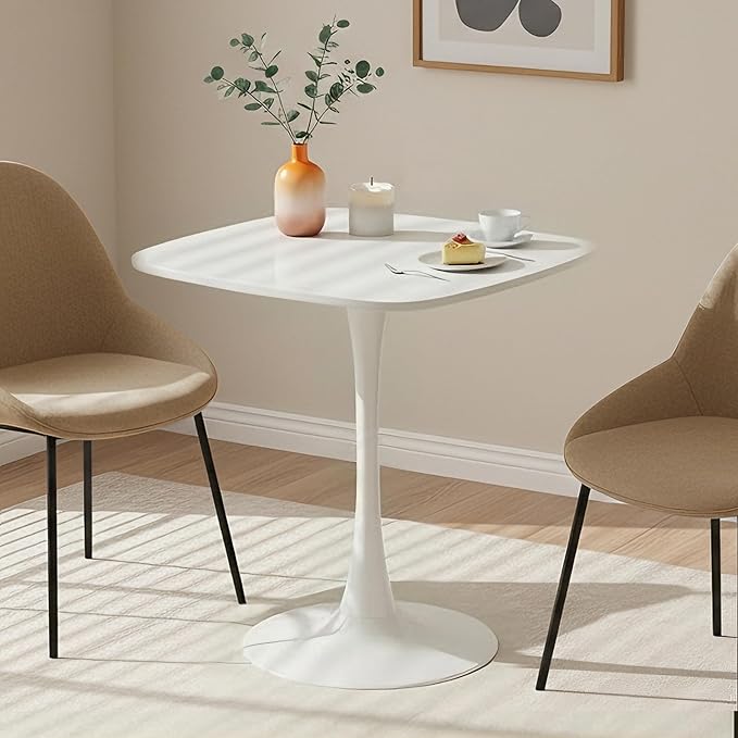White Square Dining Table,24" Tulip Table with Metal Pedestal,15-Minute Quick Assembly,Mid Century Modern Circle Table for Kitchen Small Places Cafe (White)