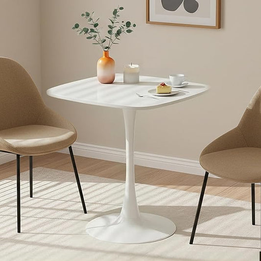 White Square Dining Table,24" Tulip Table with Metal Pedestal,15-Minute Quick Assembly,Mid Century Modern Circle Table for Kitchen Small Places Cafe (White)