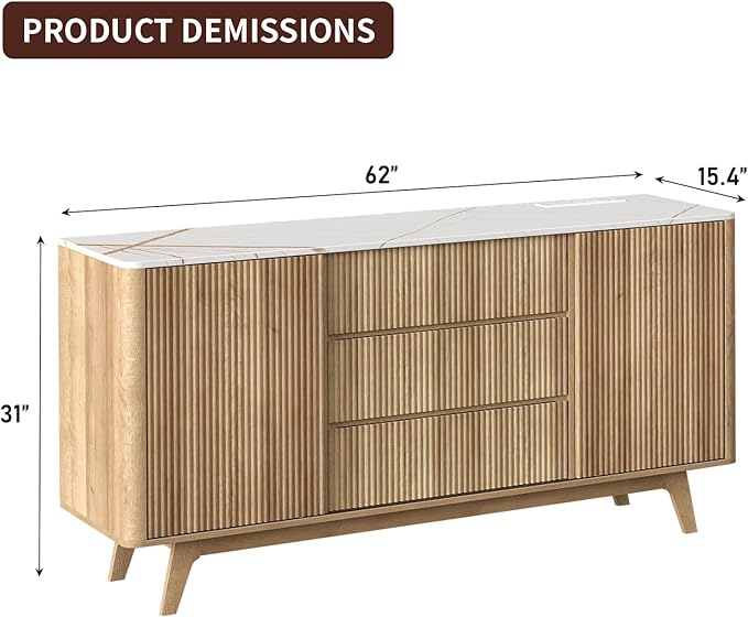 62" W Fluted Buffet Cabinet with Sliding Doors, Modern Sideboard Storage Cabinet with Power Outlet & 3 Drawers, Mid-Century Coffee Bar Table for Living Room, Dinning Room, Natural