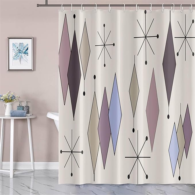 Mid Century Shower Curtain Abstract Purple Diamond Geometric Atomic Starburst Pattern Beige Backdrop for 1950s Retro Bathroom Decor Accessories Shower Curtain Set with 12 Hooks, 72x84 Inches
