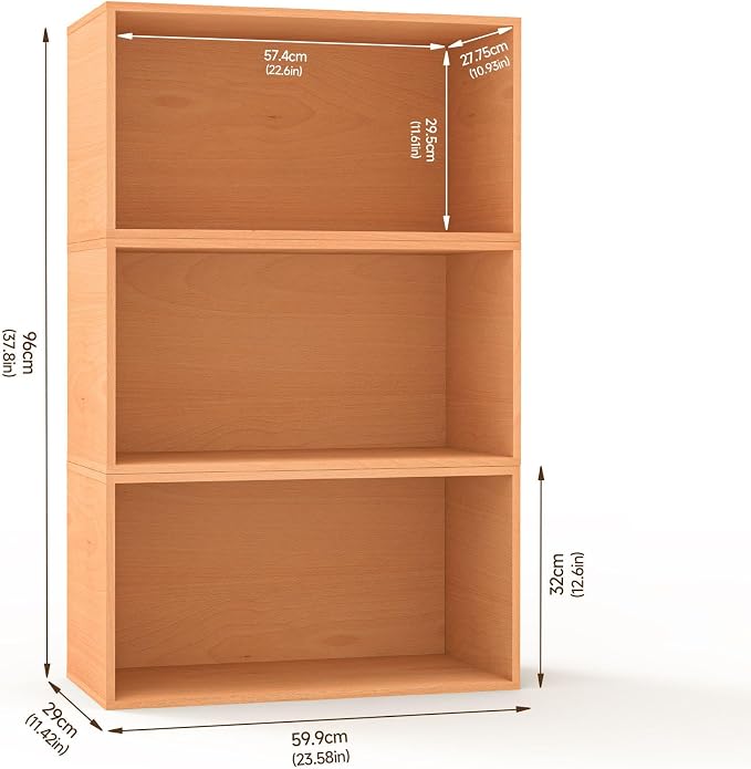 3 Cube Organizer Bookcase, Easy Assembly Wooden Open Shelving Unit Book Shelf, Expandable Storage Shelves for Living Room, Office, Bedroom, Beech Color (1 Set)