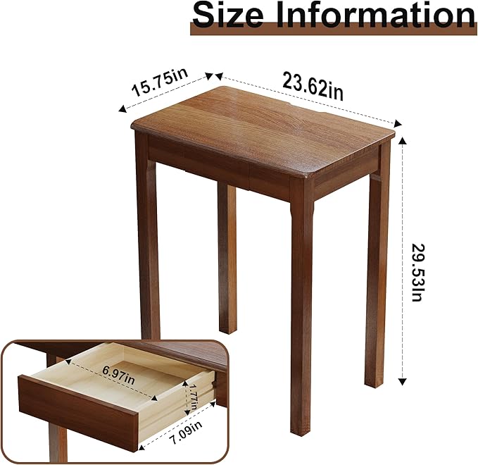 100% Solid Wood Desk with Drawers 24 x 16 Inch Mid Century Modern Desk Vintage Small Writing Wooden Desks for Small Spaces Bedroom, Living Room, Office