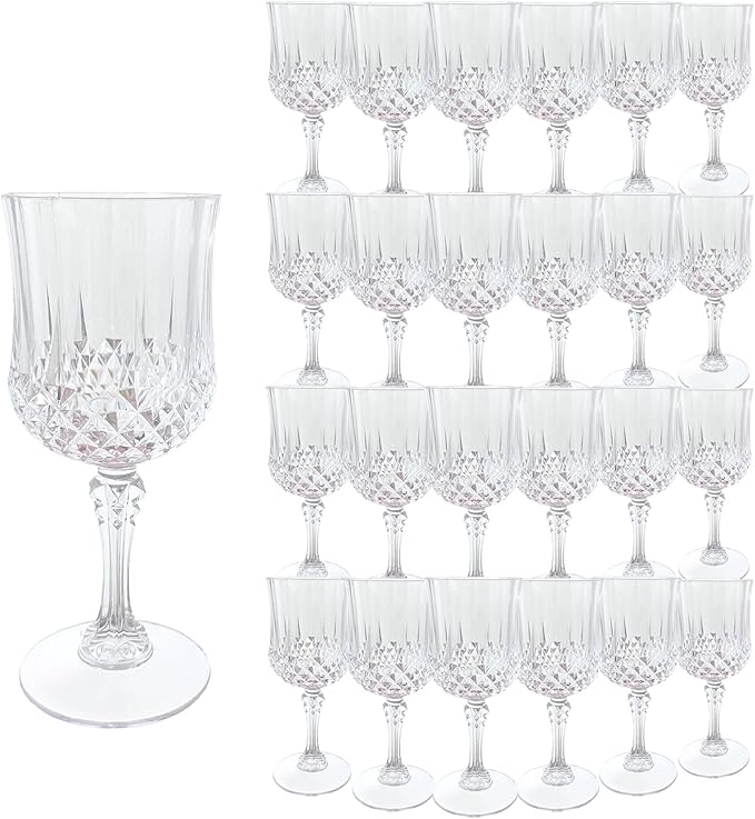 Plastic Wine Glasses, Plastic Goblets Vintage Style Cordial Drinking Glasses for Valentine’s Day, Wedding Reception, Grand Event Party Supplies (24, Transparent)