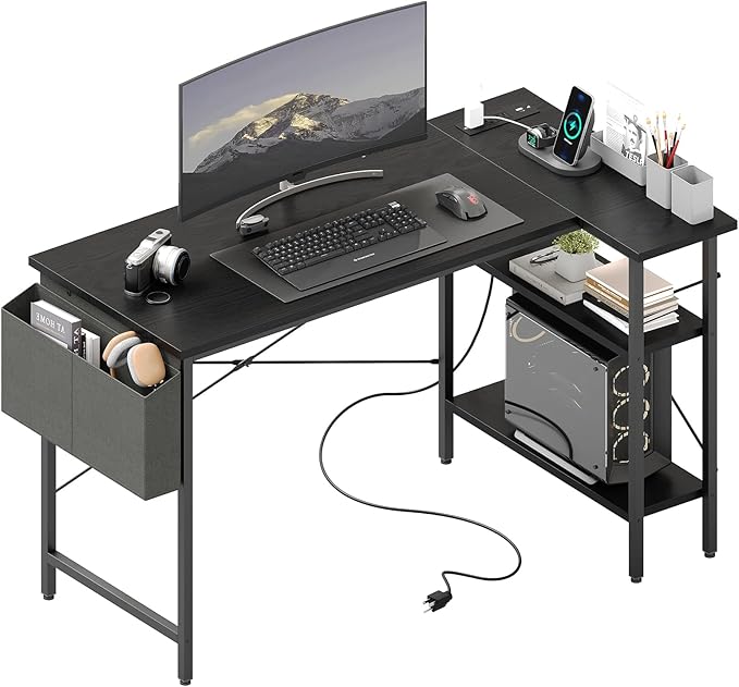 DUMOS 39" Corner Gaming Desk, L Shaped Computer Desk with 3AC+2USB+1Type-C Power Strip, Storage Shelves & Side Hanging Fabric Organizer, Black Gaming Workstation for Home Office and Bedroom