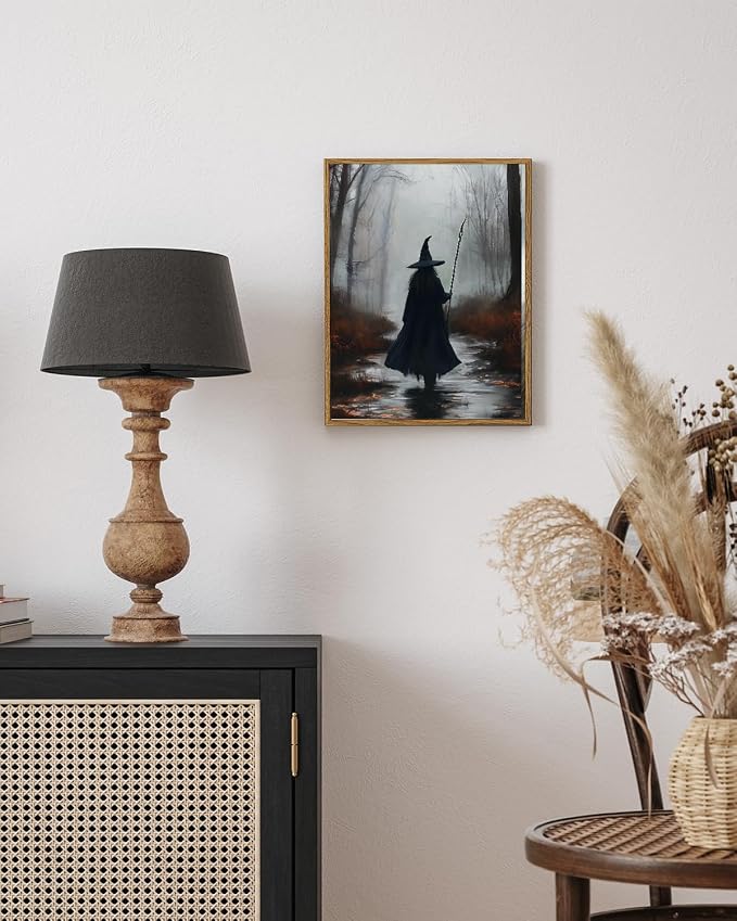 ARPEOTCY Vintage Framed Canvas Wall Art, 12x16 Inch Spooky Witch Halloween Wall Art for Living Room Bedroom Gallery, Dark Academia Bathroom Wall Art Decor Aesthetic