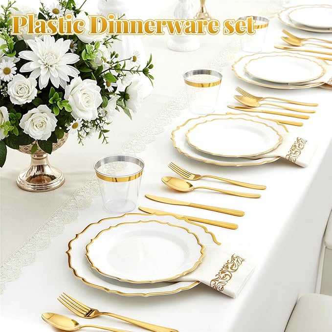 175 Plastic Dinnerware Set Gold Disposable Dinnerware Set for 25 Guests Include 50 Plastic Plates 25 Silverware Set 25 Cups and 25 Napkins for NewYear Party Wedding Birthday