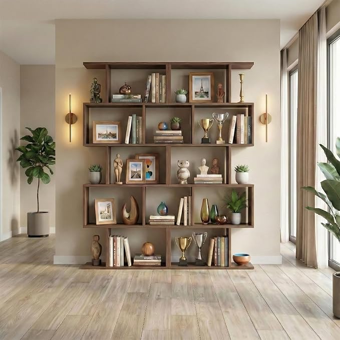 5-Tier Geometric Bookcase (Set of 2), 62.6" Tall S-Shaped Bookshelf & Room Divider, Modern Brown Freestanding Display Shelving Unit for Living Room, Hallway, Home Office