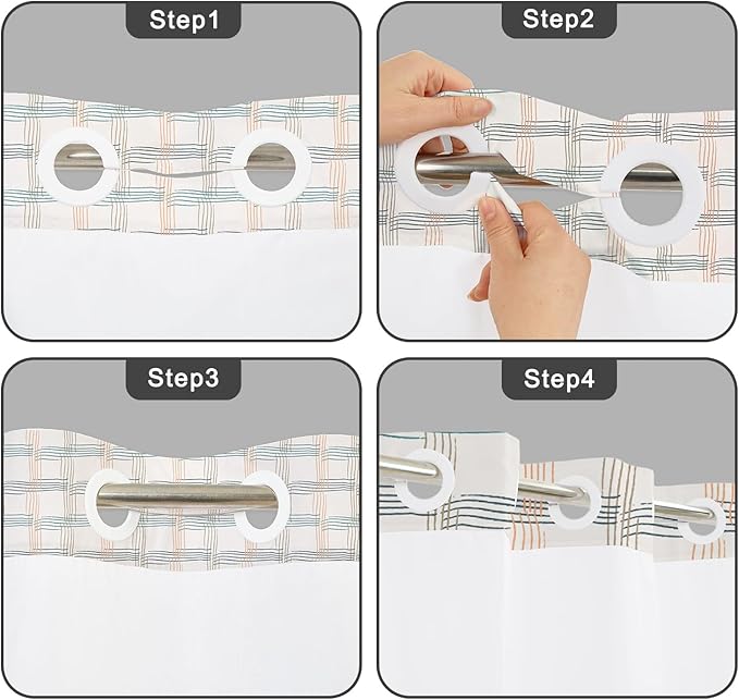 No Hook Shower Curtain with Snap in Fabric Liner - Beige & Teal Grid Pattern, Waterproof Shower Curtains and Liner Set for Modern Bathroom, See Through Top Window, 71x74 Inches