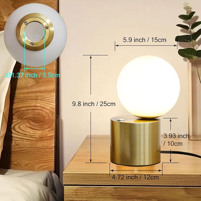 Gold Globe Dimmable Table Lamp Set of 2, Nightstand Lamps Mid Century Modern Desk Lamp with Milk White Glass Shade for Dorm,Bedroom(Low 2 Pack)