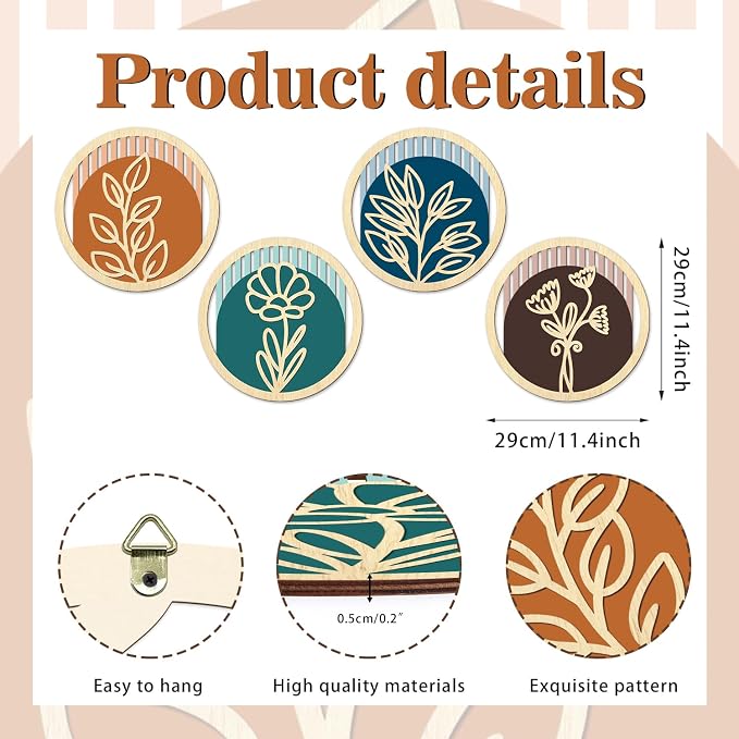 TOARTi 4Pcs Wooden Boho Floral Wall Art Set, Modern Minimalist Flower Wooden Hanging Sign,Bohemian Plants Artwork,Farmhouse Vintage Botanical Wall Decor for Living Room Bedroom Office Bathroom