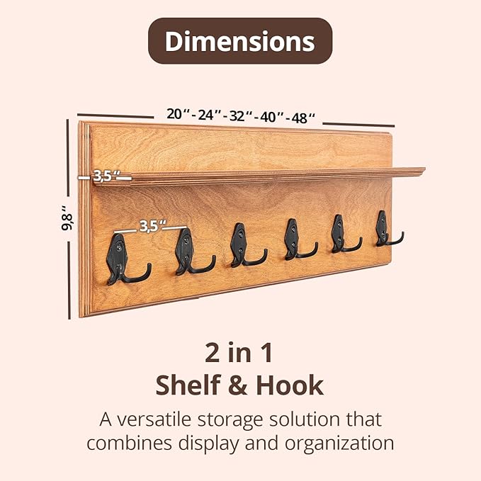 Rustic Wall Mounted Coat Rack with Shelf Wooden Entryway Organizer with 5 Metal Hooks for Coats Hats Towels Keys Floating Storage Shelf for Bathroom Bedroom (Oak, 40 inch (7 Hooks))