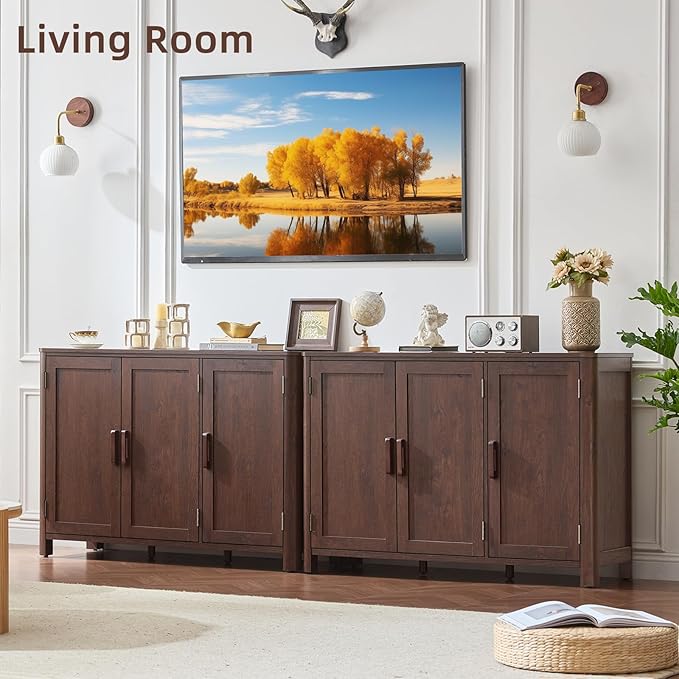 Joaxswe Sideboard Buffet Cabinet with Storage Set of 2, 46" Arc-Shaped Credenza with 3 Doors & Adjustable Shelves, Coffee Bar Cabinet for Kitchen, Living Room, Walnut