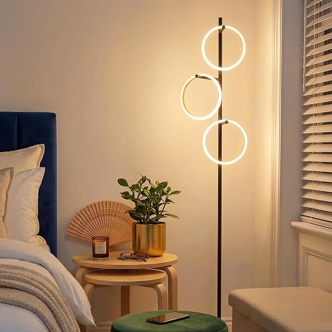 Bairth Black Floor Lamp with 3 Lights, Modern LED Tree Floor Lamp for Living Room, 17W Stepless Dimmable Tall Standing Lamp with 3 Detachable Circular Lights for Reading, Bedroom, Office, Matte Black