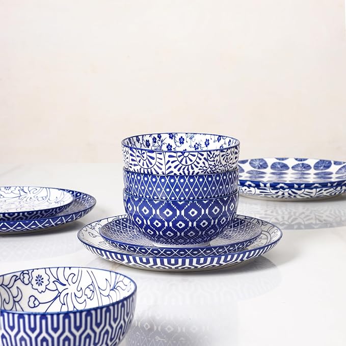 Selamica Ceramic Plates and Bowls Sets,18 Pieces Retro Floral Dinnerware Sets for 6,Dishwasher & Microwave Safe dish set,Family & Holiday Dining, Vintage Blue