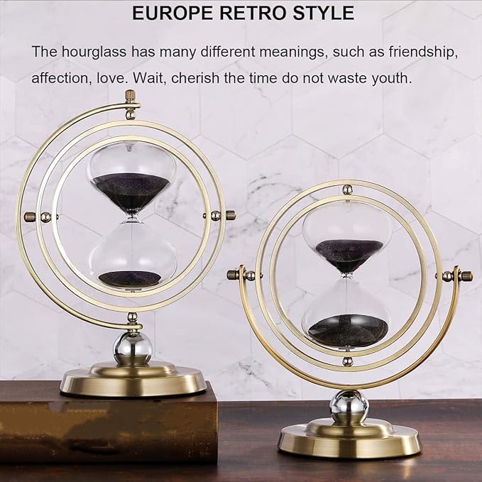 Brass 60 Minute Hourglass, 720° Rotating Vintage Metal Sand Timer, Large Black Sand Watch 60 Min, Unique 1 Hour Glass SandClock for Gifts, Wedding, Home, Desk, Decoration （Black