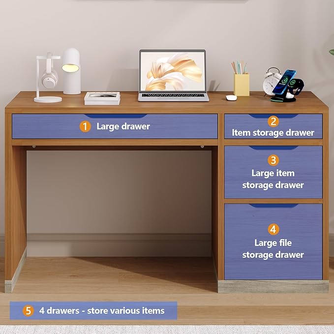 MaverickFurni 52 Inch Desk with 4 Drawers, Small Computer Desk for Small Space, Home Office Desk with Storage File Drawer for Bedroom, Brown