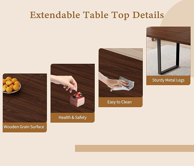 ZckyCine 63"-79" Modern Walnut Dining Table Set for 6 with 6 PU Leather Chairs, Extendable Wood Kitchen Table & Chair Set, Dining Room Furniture for Home, 6-Person Expandable Table