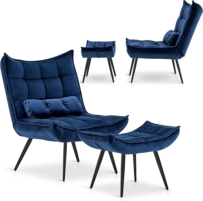 MCombo Accent Chair with Ottoman, Modern Velvet Wingback Lounge Chair, Upholstered Club Chair for Small Space, Living Room & Bedroom 4079 (2, Blue)
