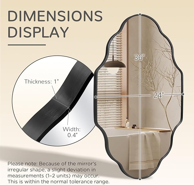 Black Scalloped Bathroom Mirror, Irregular Wall Mirror with Brushed Metal Frame, HD Glass Decorative Mirror for Wall Decor, Vanity Mirror for Bathroom, Bedroom & Entryway (24" x 36", 1 Pack)