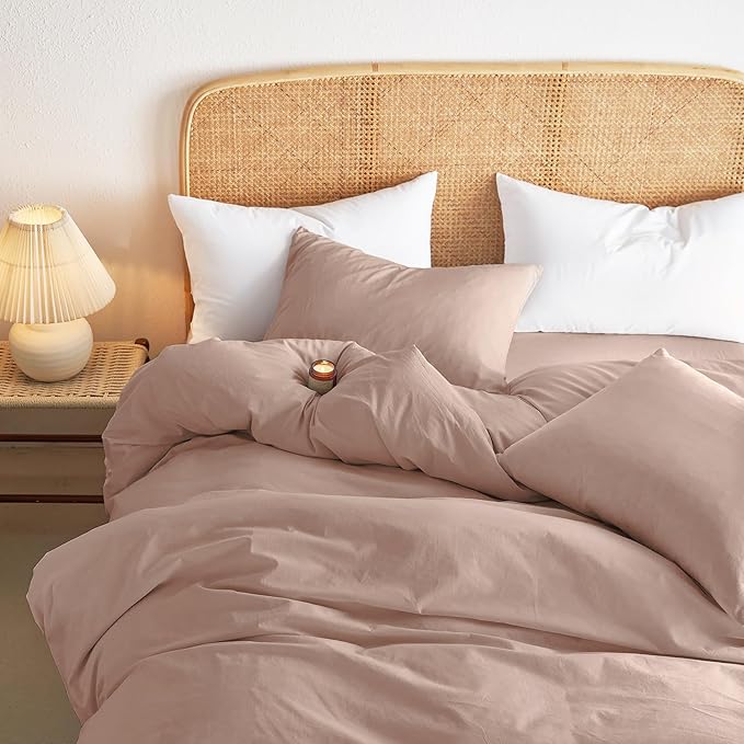 Wake In Cloud - Cotton Duvet Cover Set, 100% Washed Cotton, Linen Like Textured, Breathable Durable Comfy Farmhouse Neutral Bedding Set, 3 Pieces, Dusty Pink, King Size