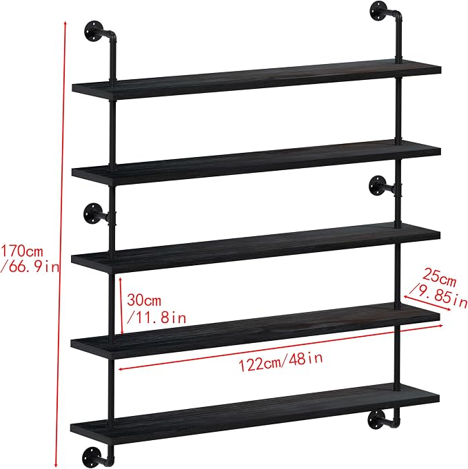 HDDFER Floating Shelves for Wall Bookshelf Industrial Pipe Shelving Shelves 48 Inch 5 Tier Natural Wood Planks Rustic Wall Shelves Hanging Bookshelves Farmhouse Kitchen Shelving Black