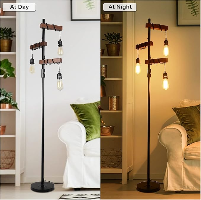 Industrial Floor Lamp, Farmhouse Tree 68 Inch 3 Lights Wood Standing Lamp, Sturdy Base Tall Vintage Metal Black Pole Light for Living Room Bedroom Office Rustic Home