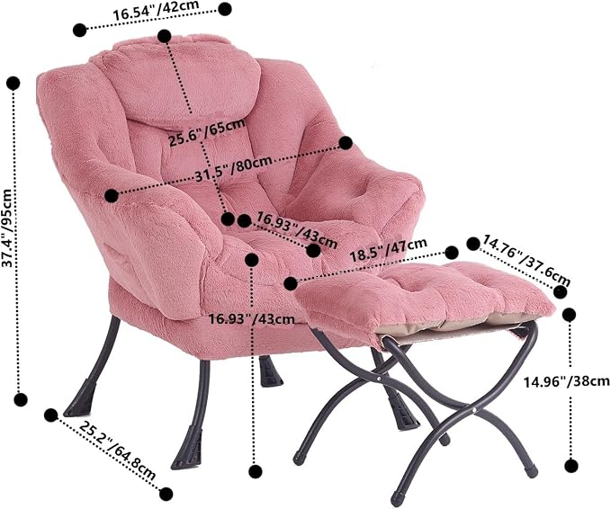 Tiita Lazy Chair with Ottoman, Pink Modern Large Accent Armchair, Comfy Leisure Sofa Reading Chair with Footrest for Bedroom, Living Room, Dorm Rooms, Garden, Plush Dark Pink