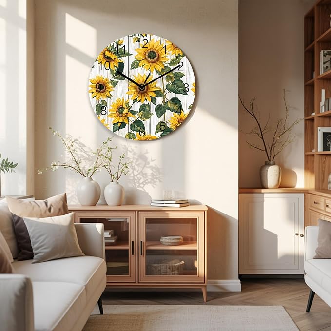 Sunflower Wall Clock Battery Operated Non-Ticking 10" Round Wood Clocks, Vintage Style Yellow Floral Grey Wood Grain Kitchen Wall Clock for School Bathroom Living Room Home Office Wall Decor