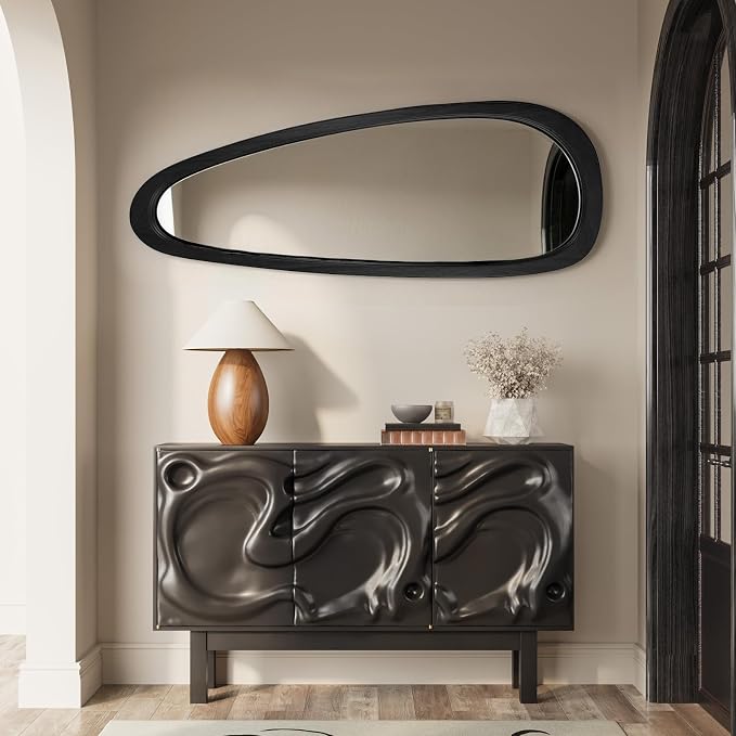 Irregular Wall Mirror, 60"x22" Full Length Mirror with Wood Frame, Large Asymmetrical Wall Mirrors for Living Room Entryway, Bathroom, Mid Century Modern Decor (Black)
