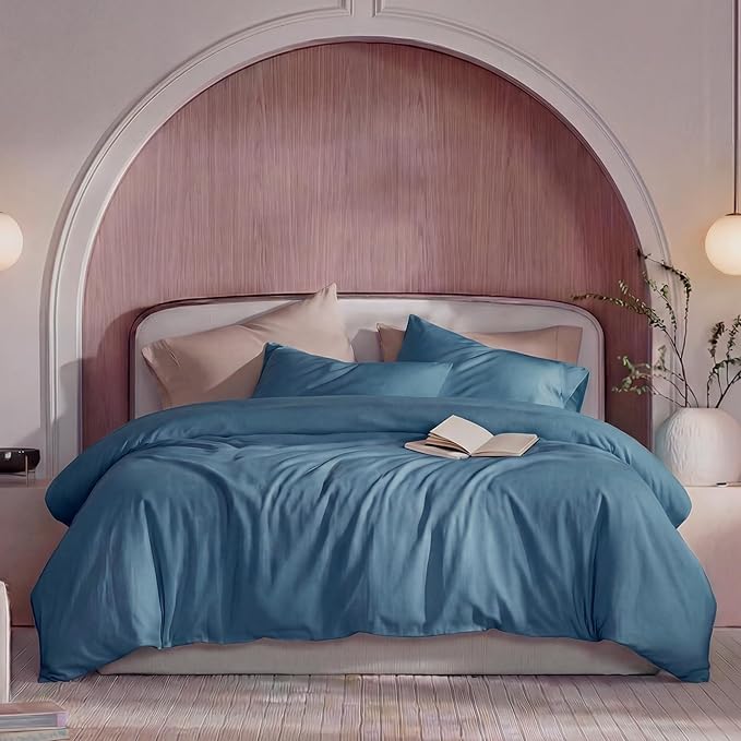 100% Washed Cotton Duvet Cover Queen Size – Dark Blue, Linen-Like Texture, Super Soft & Breathable Bedding Set, 3-Piece Durable Percale Comforter Cover