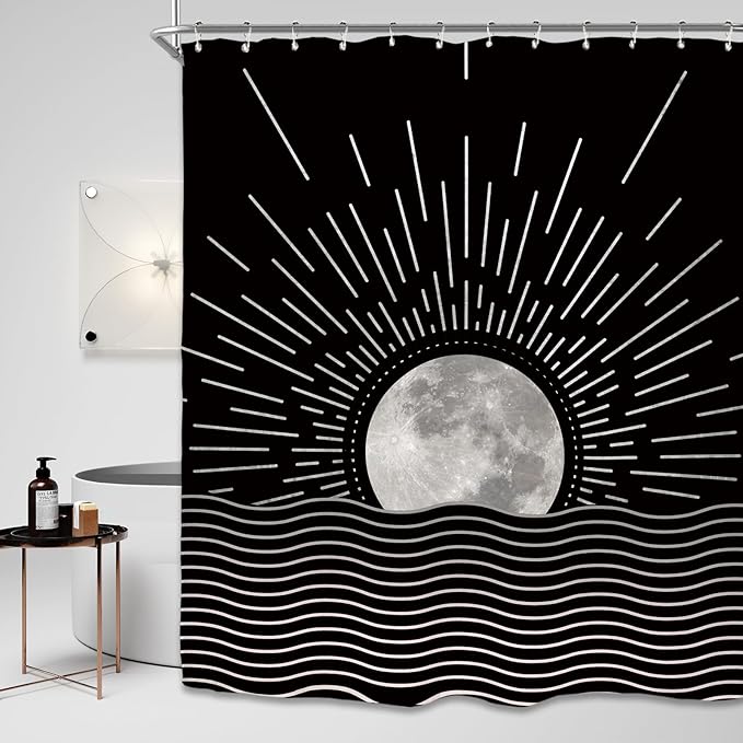 Miyotaa Black Abstract Moon Sun Minimalist Shower Curtain Set 60Wx71H Inches Sunrise Sunset Vintage Aesthetic Retro Modern Mid Century Polyester Waterproof Bathroom Curtain with 12 Hooks