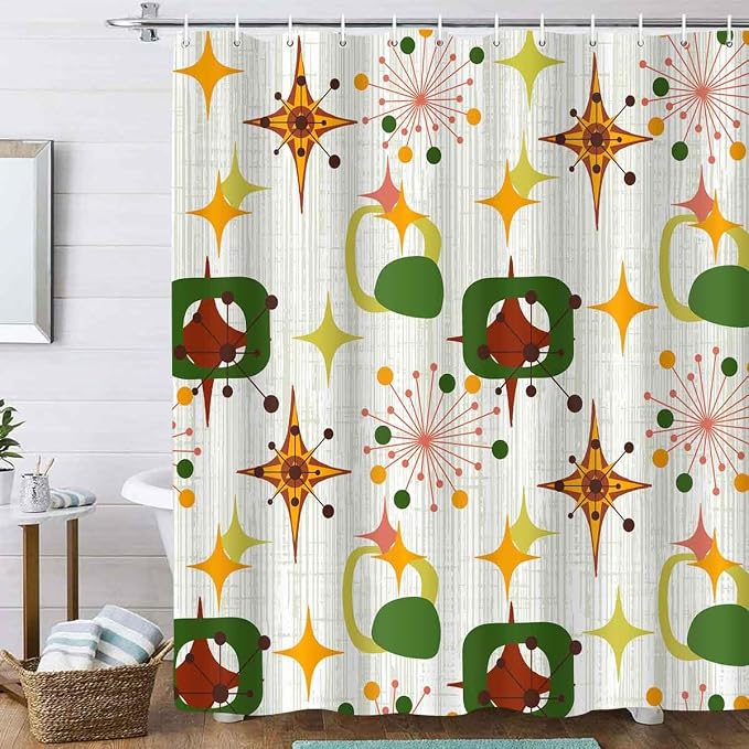 Mid Century Shower Curtain, 72x78inch, Modern Abstract Retro Green Striped Geometric Shower Curtain Sets 1950s Boho Bathroom Shower Curtain with 12 Hooks