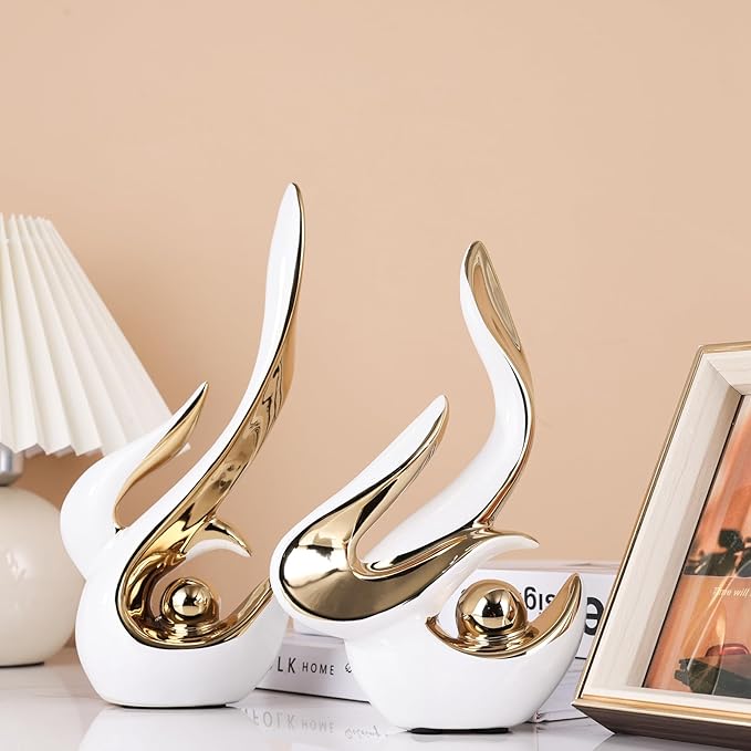 Mid Century Modern Abstract Art Home Decor Accent,Porcelain Statues for Living Room Coffee Table Centerpieces for Dining Room,Ceramic Sculptures and Gold Knick Knacks for TV Stand Decor (White Gold)