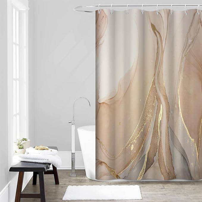 Brown Shower Curtain, Modern Brown Gold Grey Marble Shower Curtain for Bathroom Aesthetic Ink Texture Waterproof Shower Curtain Set with Hooks, 60x72 Inch